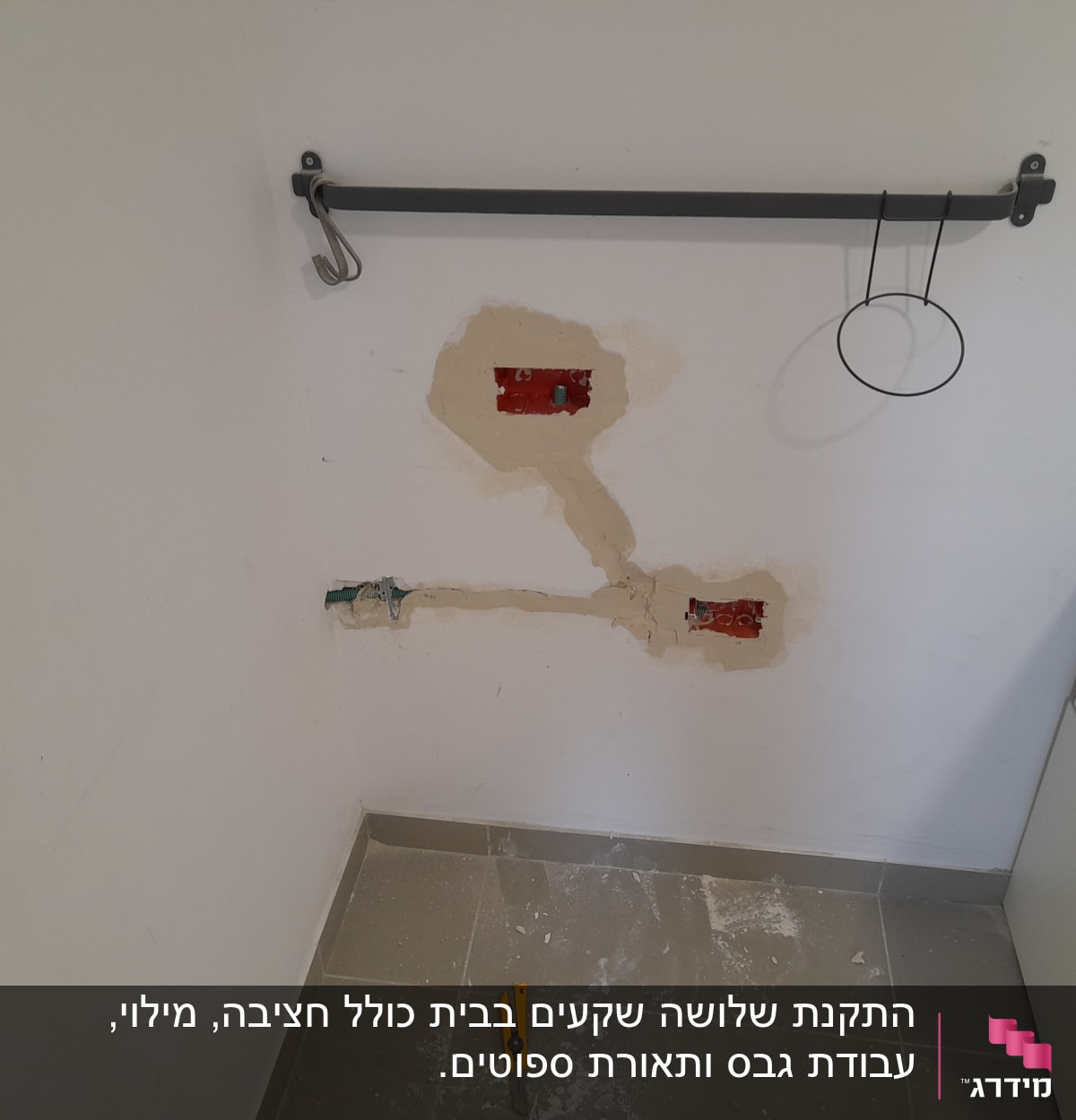 קיר עם חוטי חשמל וכלי עבודה על הרצפה